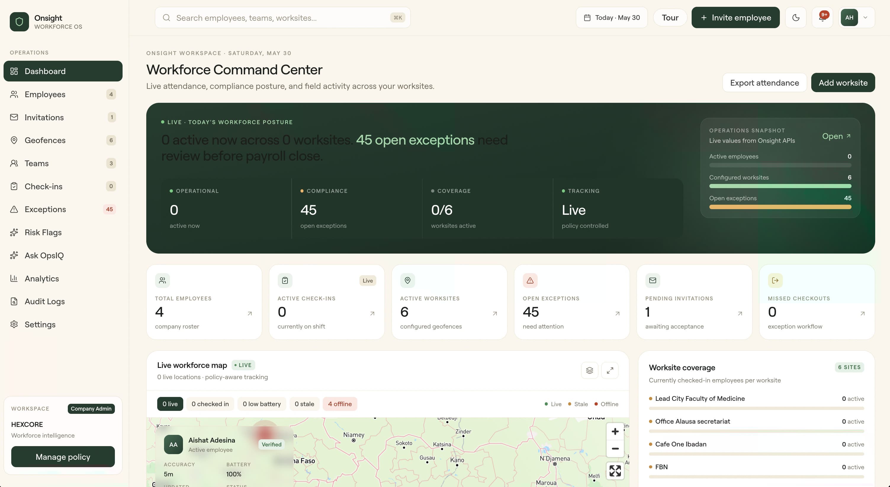 Onsight admin dashboard — live workforce map and command center