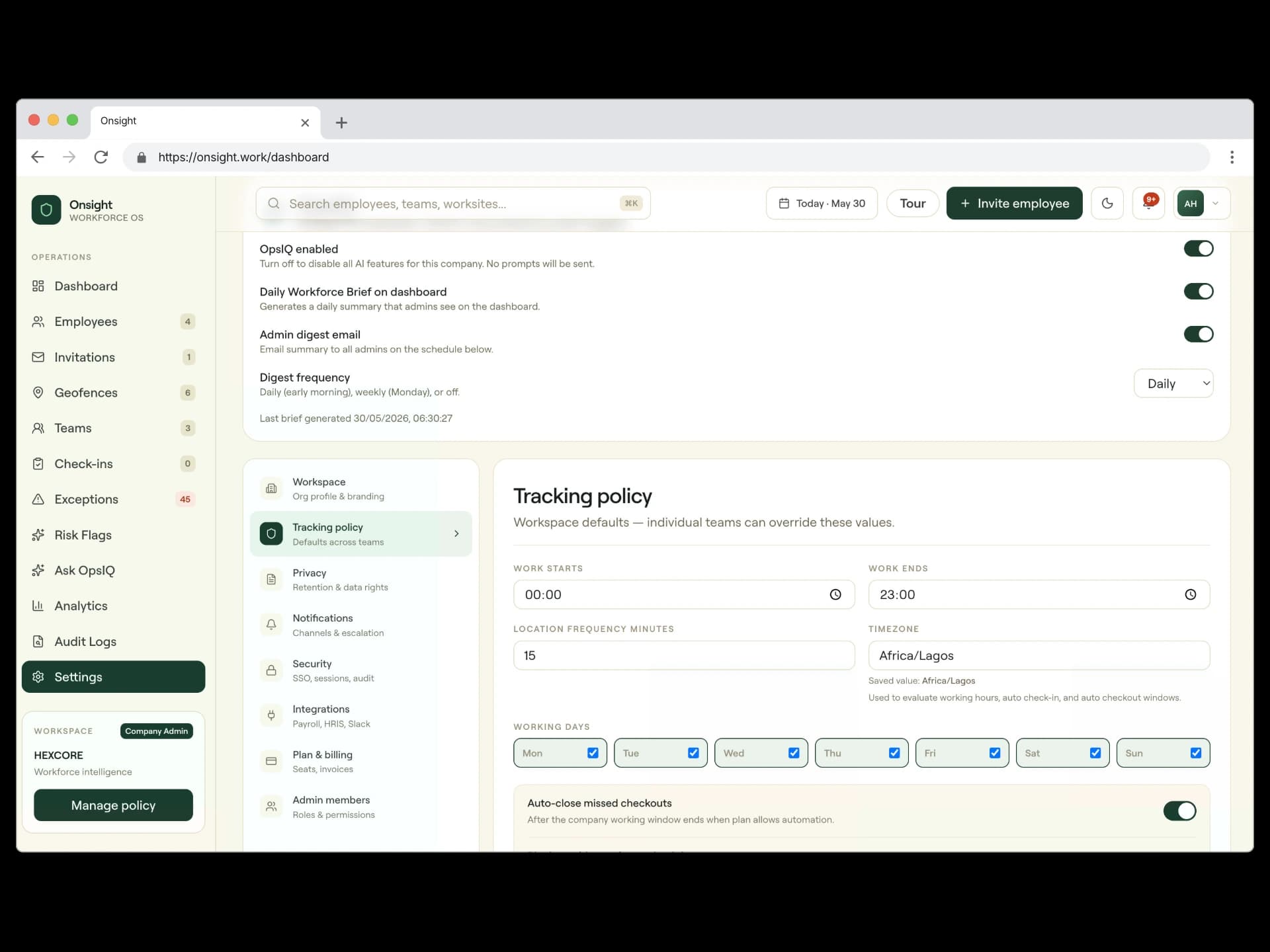 Onsight admin settings — tracking policy controls